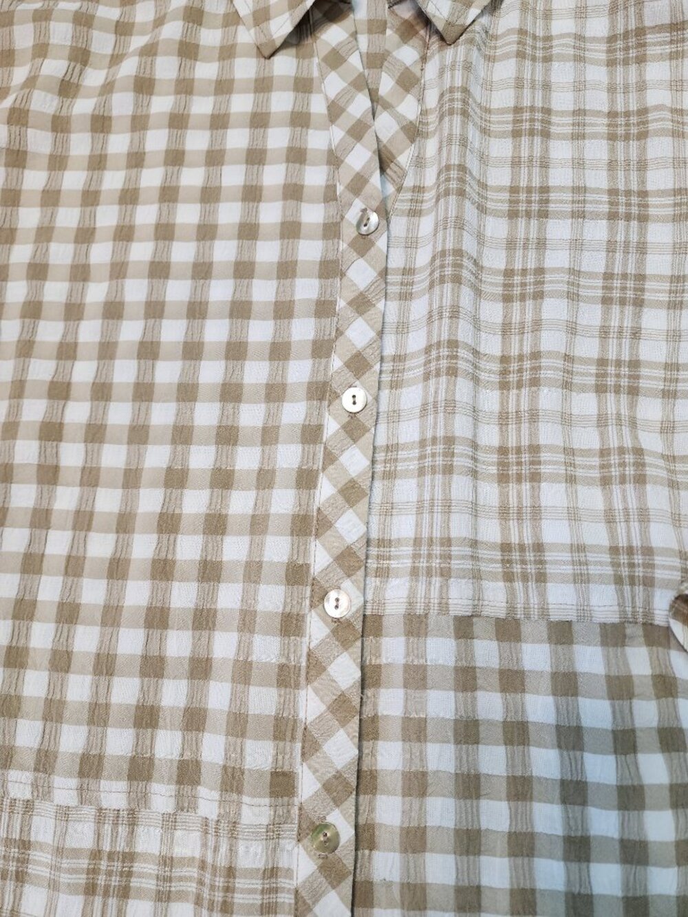 Susan Graver 2XL Yarn Dyed Gingham Button Front Shirt Tunic Raffia Tan Patchwork - Picture 7 of 12